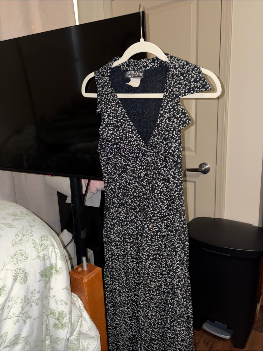 Vintage 90s All That Jazz Made in USA Black Filigree Button Maxi Dress